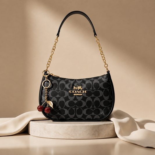 Signature Black Coach Shoulder Bag with Cherry keychain