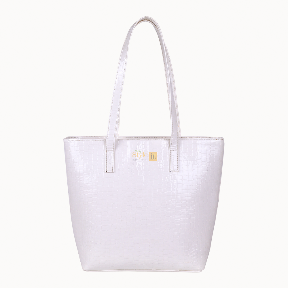Roomy White Crocodile Leather Tote Bag