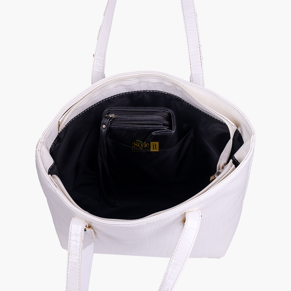 Roomy White Crocodile Leather Tote Bag