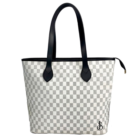 White Checkered Zipper leather Tote