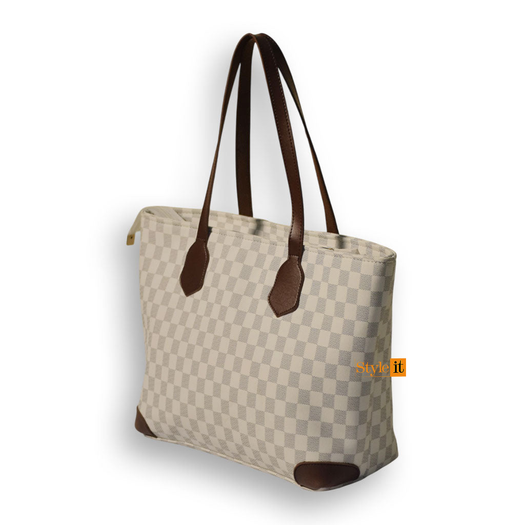 White & Choco Brown Checkered Tote
