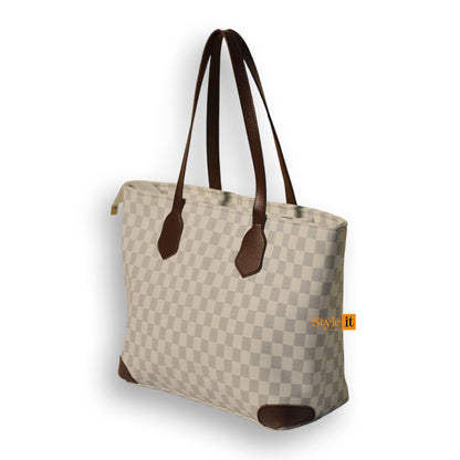White & Choco Brown Checkered Tote