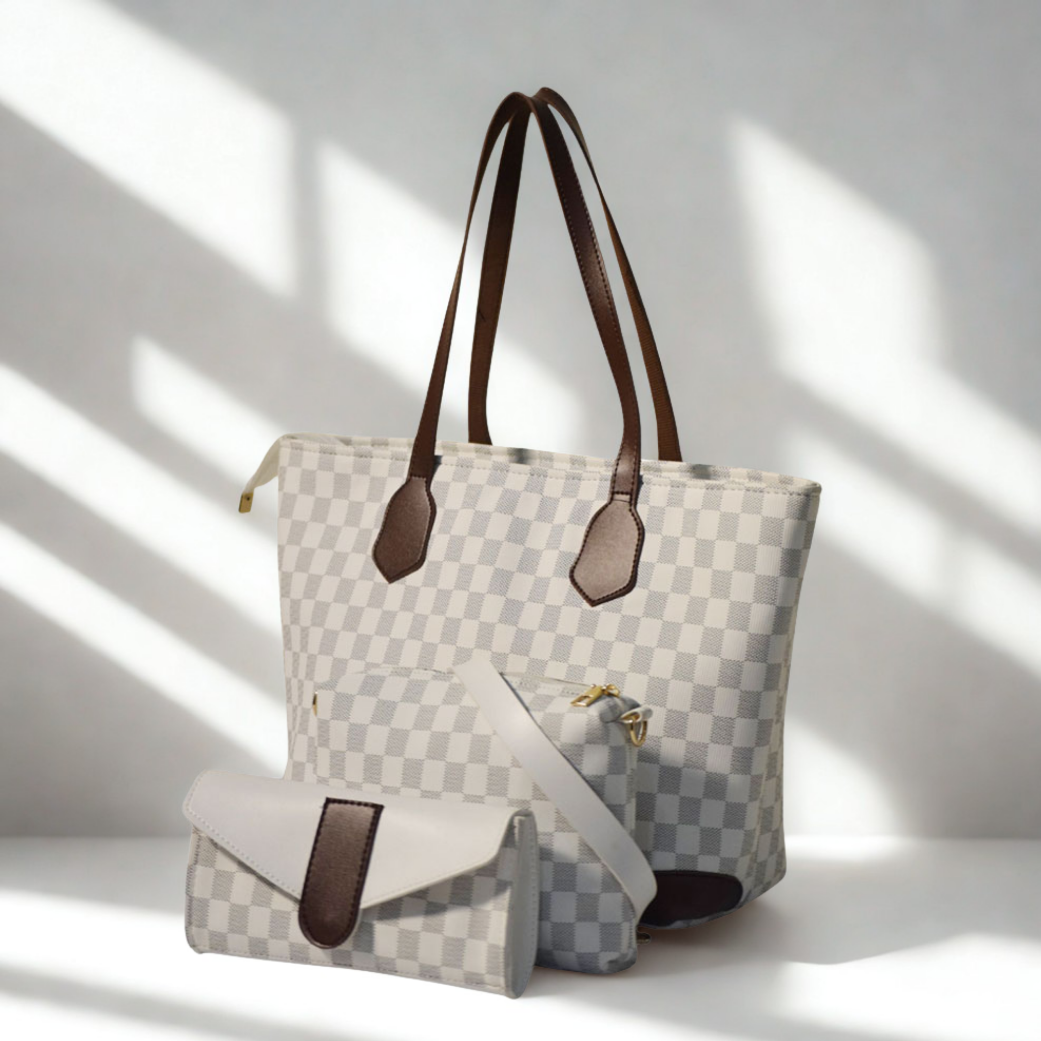 White & Choco Brown Checkered Tote