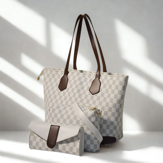 White & Choco Brown Checkered Tote