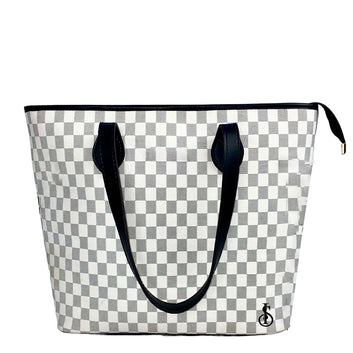 White Checkered Zipper leather Tote