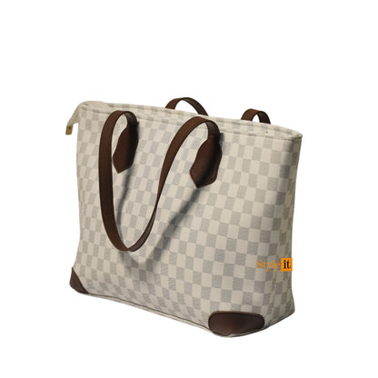 White & Choco Brown Checkered Tote
