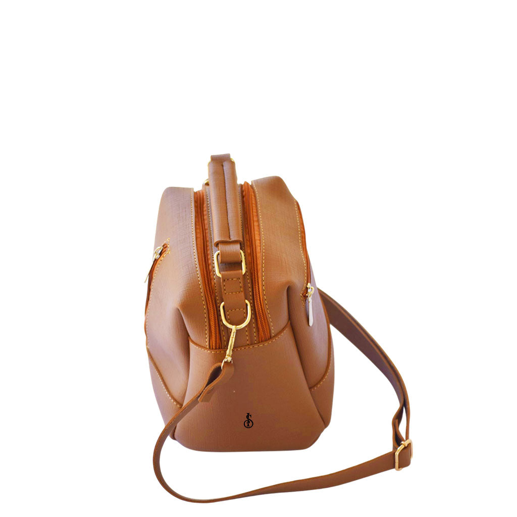 Mustard Brown Luxe Leather 4-Zip Bucket Bag
