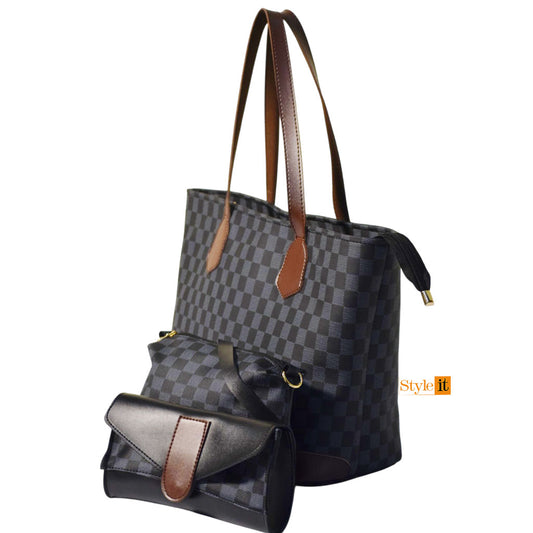 Black  And Choho brown Contrast Checkered tote bag
