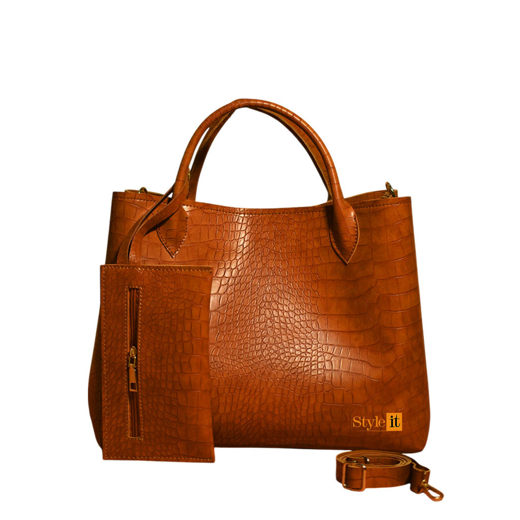 Mustard Brown Krokodil Satchel Handbag