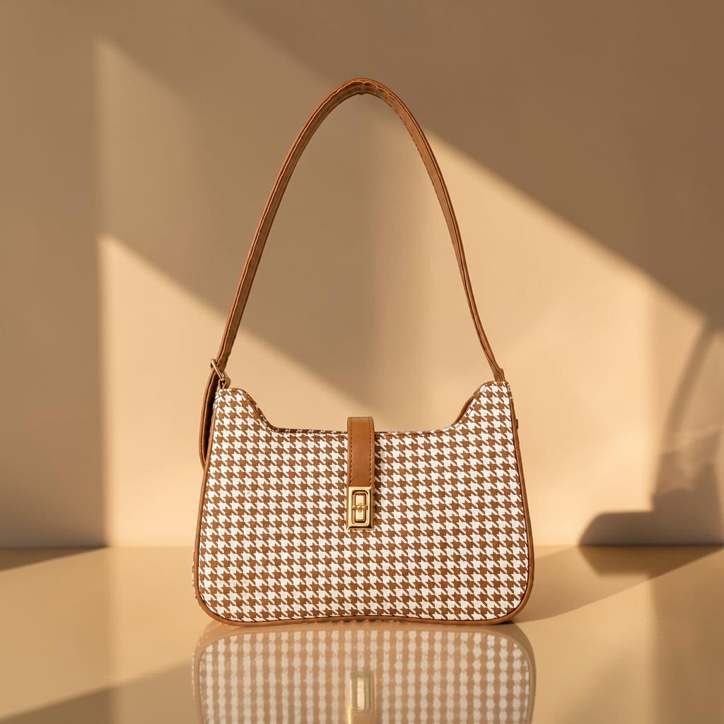 AURA Check Shoulder Bag- Mustard Brown