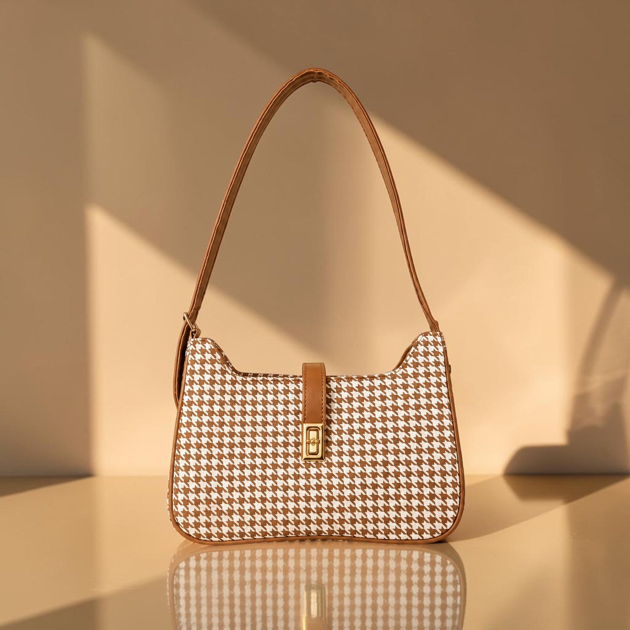 AURA Check Shoulder Bag- Mustard Brown