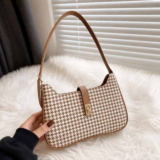 AURA Check Shoulder Bag- Mustard Brown