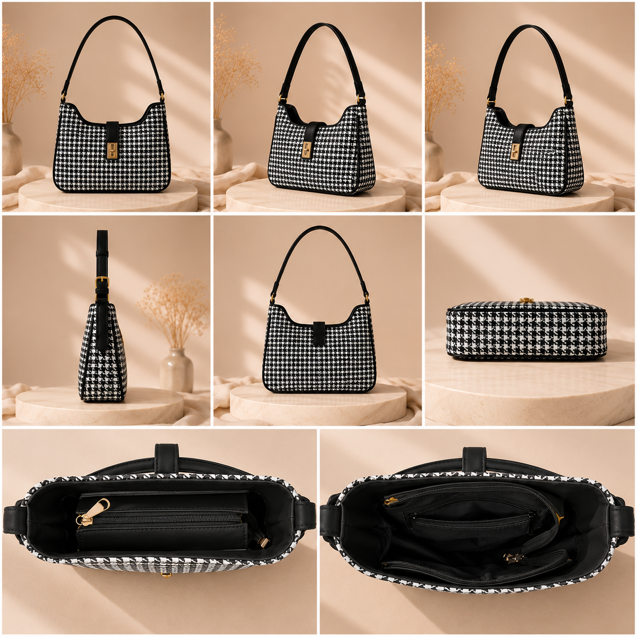 AURA Check Shoulder Bag- Black