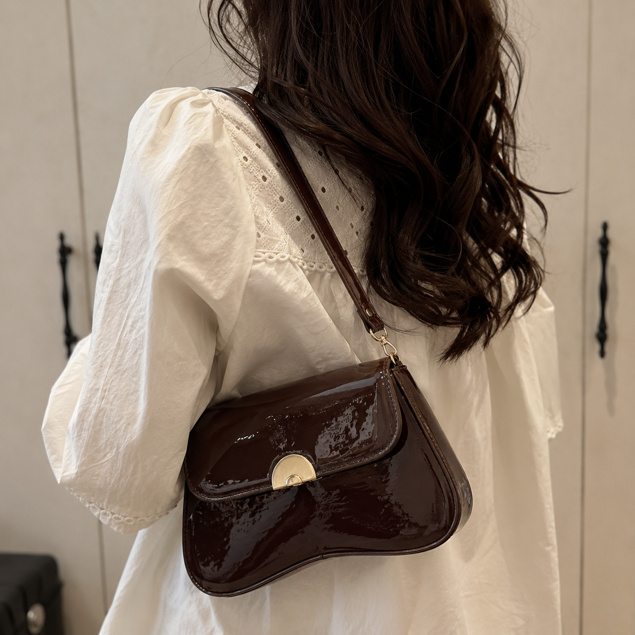 Luna Patent Shoulder Bag - Chocho Brown