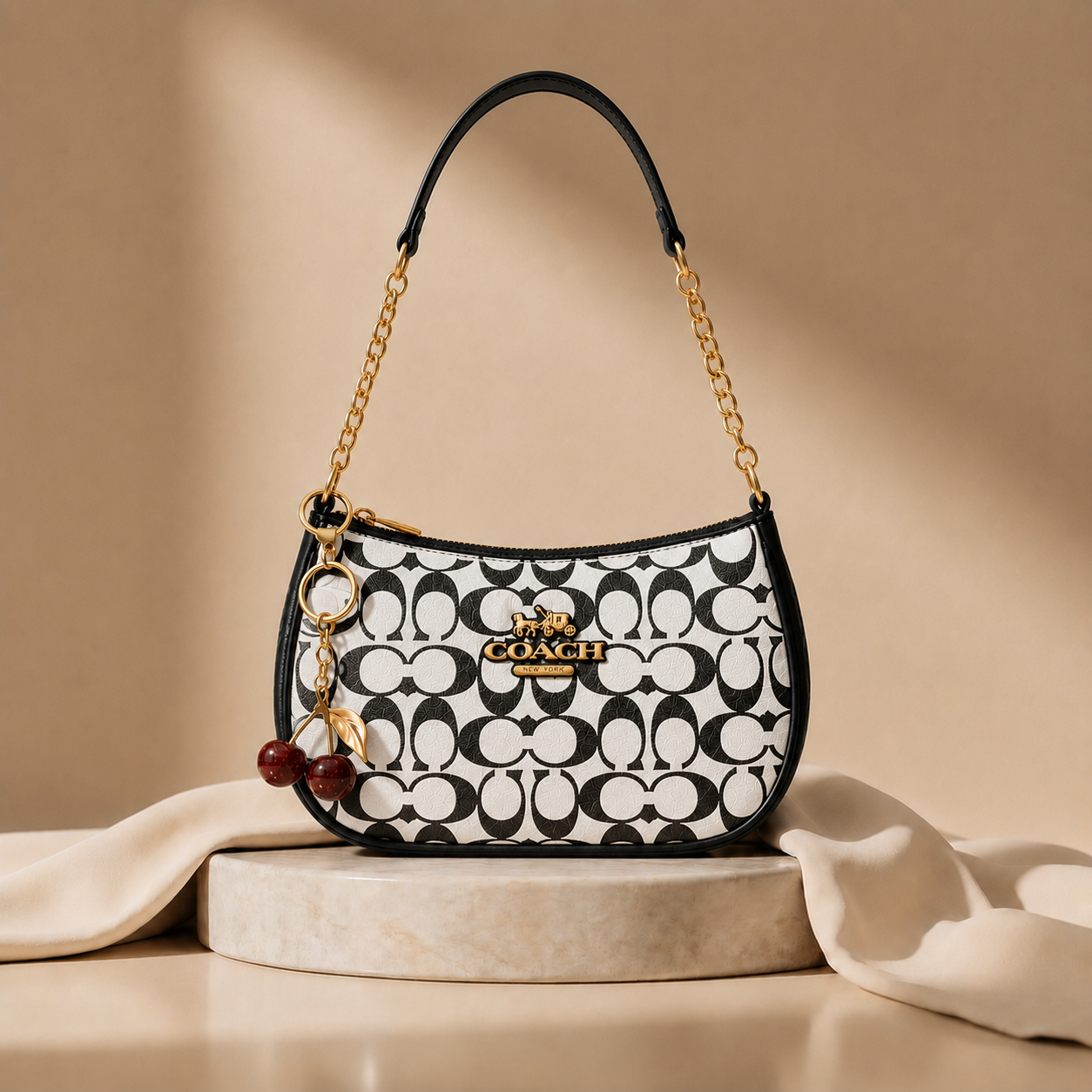 Signature White Coach Shoulder Bag with Cherry keychain