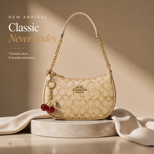 Signature Beige Coach Shoulder Bag with Cherry keychain
