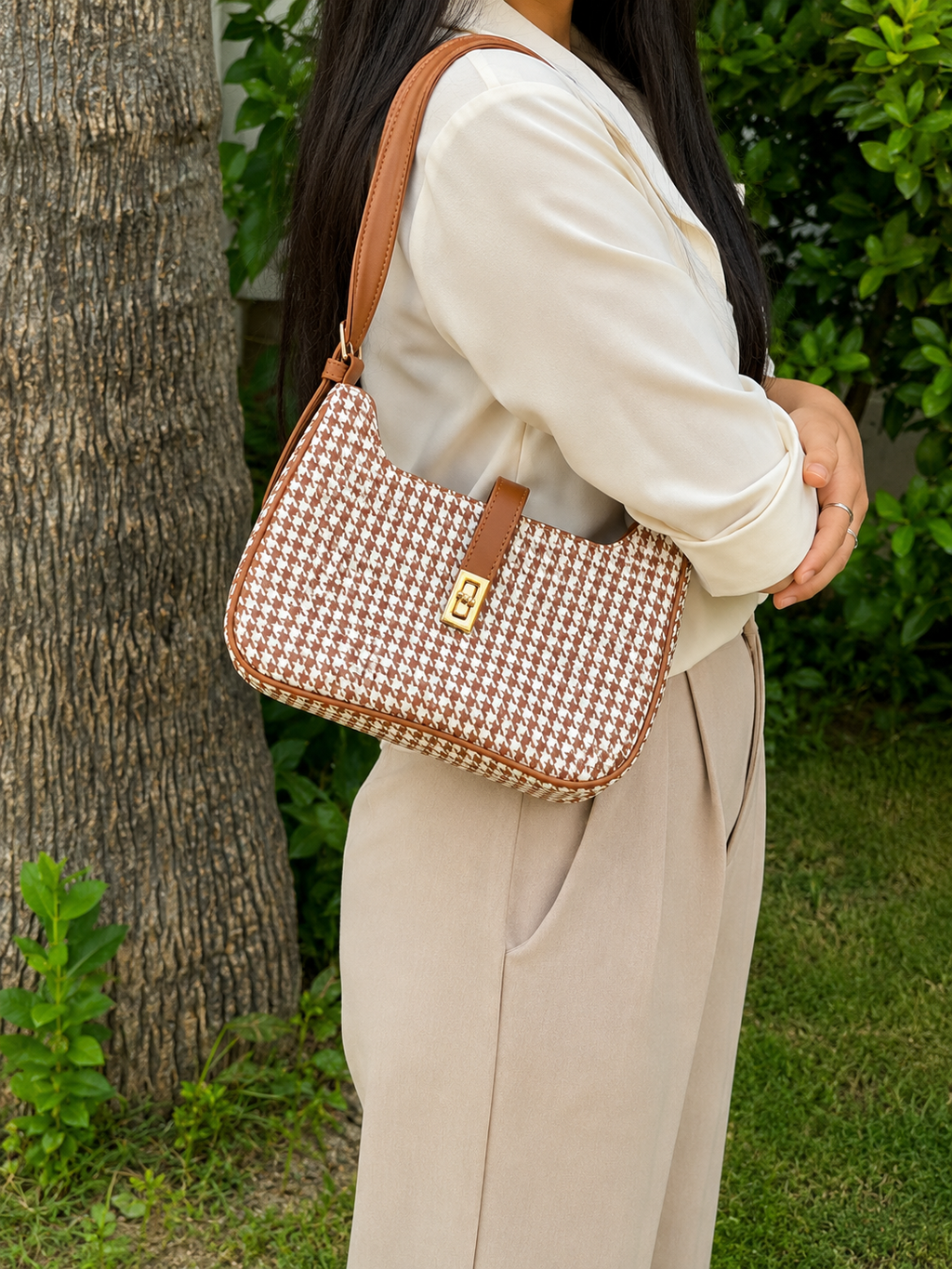 AURA Check Shoulder Bag- Mustard Brown