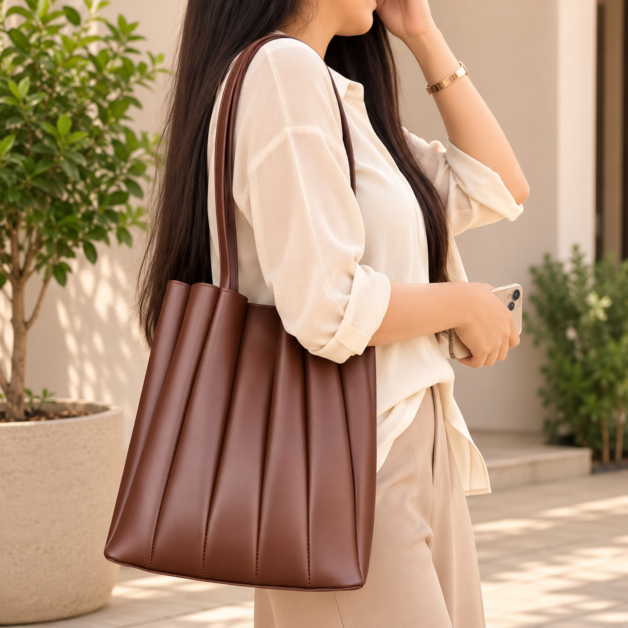 Pleated Brown Tote