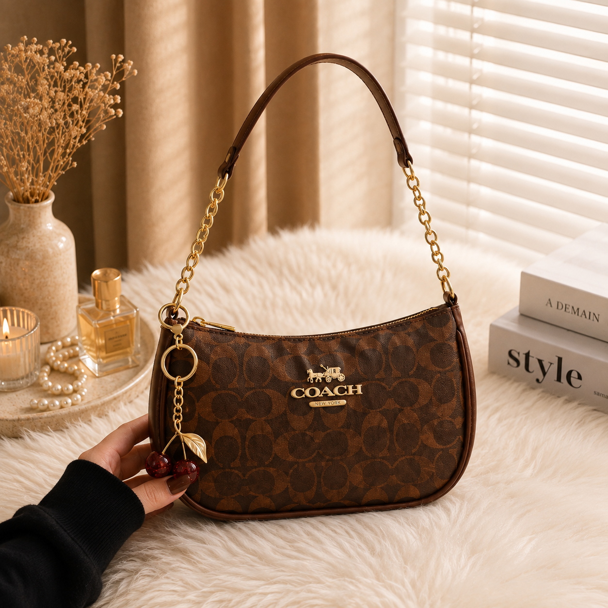 Signature Brown Coach Shoulder Bag with Cherry keychain