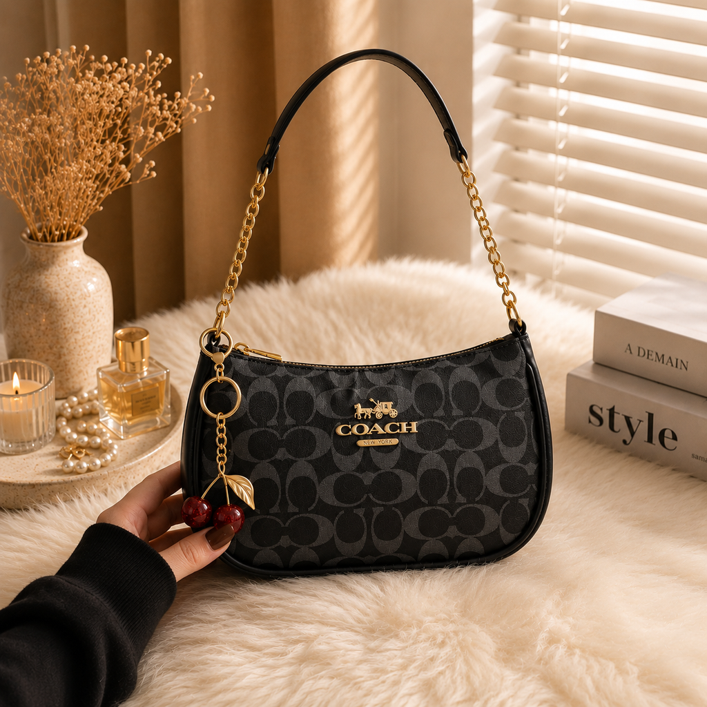 Signature Black Coach Shoulder Bag with Cherry keychain