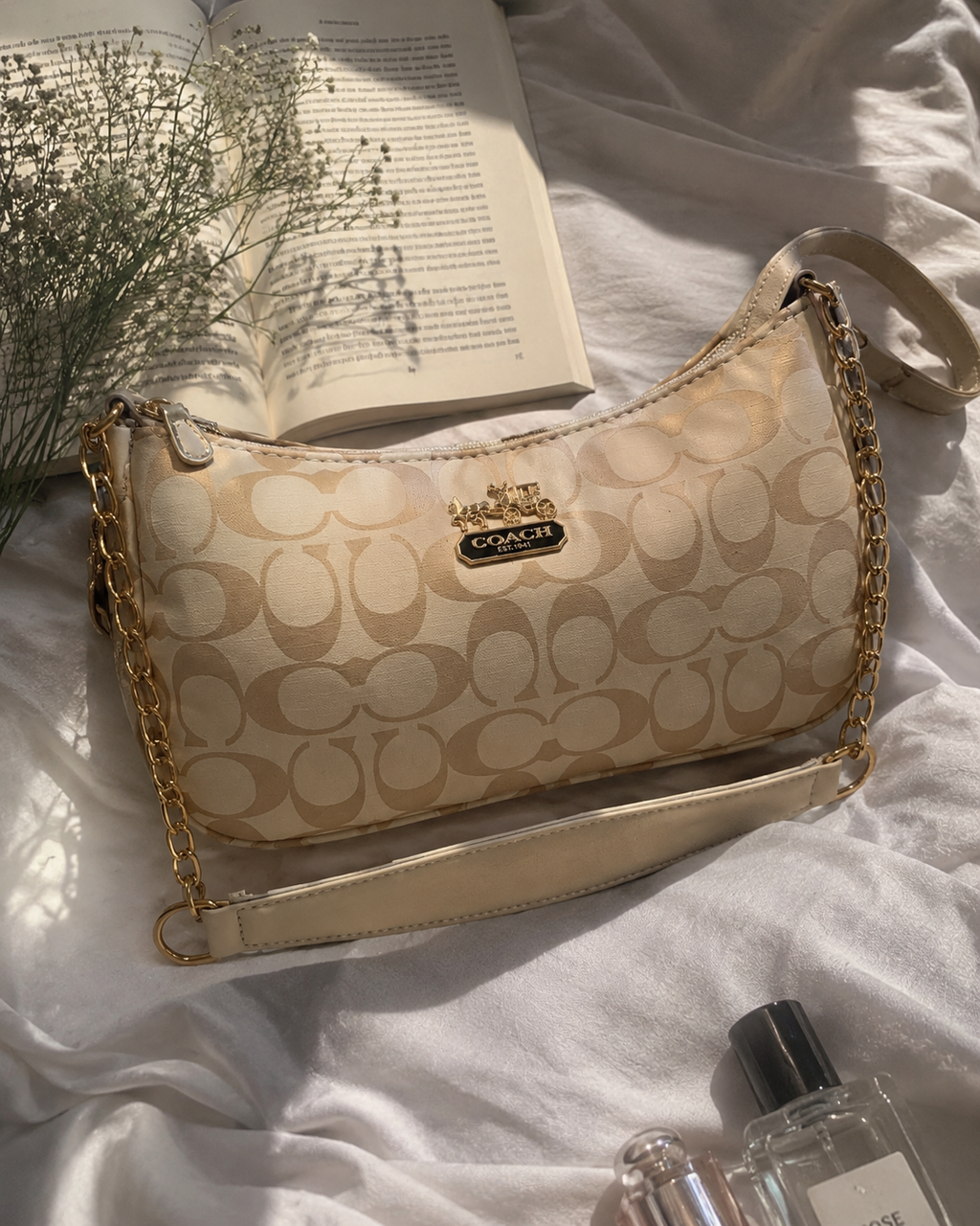 Signature Beige Coach Shoulder Bag with Cherry keychain
