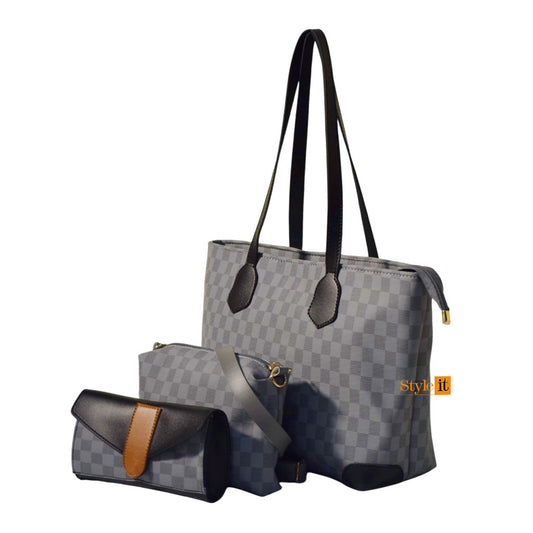Grey Check with Black Contrast Checkered tote bag