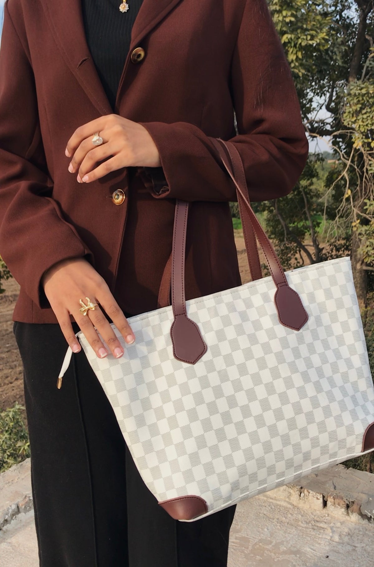 White & Choco Brown Checkered Tote