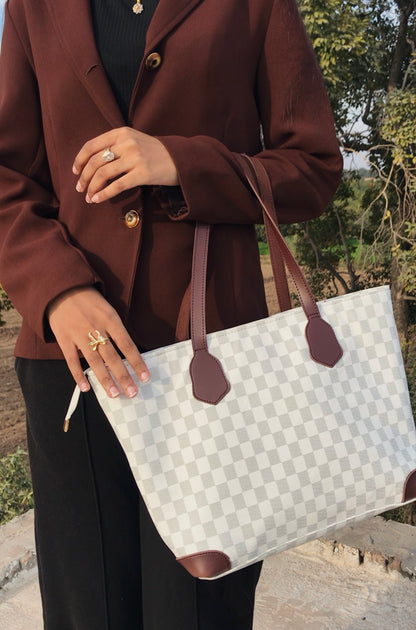 White & Choco Brown Checkered Tote