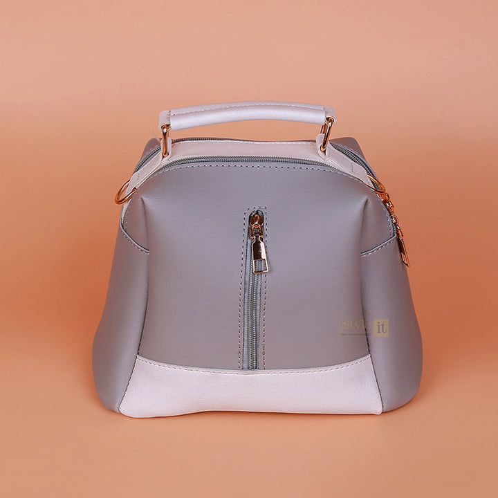 Grey Luxe Leather 4-Zip Bucket Bag