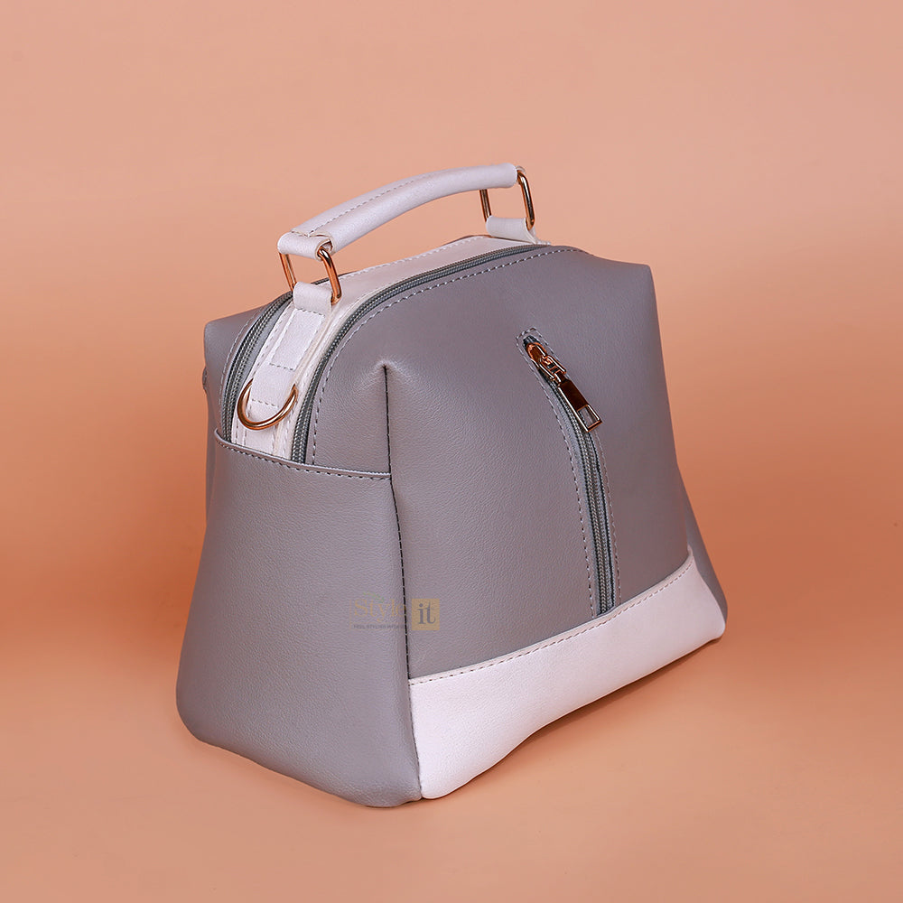 Grey Luxe Leather 4-Zip Bucket Bag