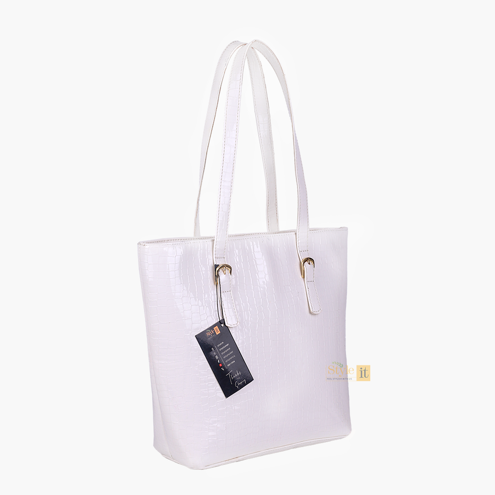Roomy White Crocodile Leather Tote Bag