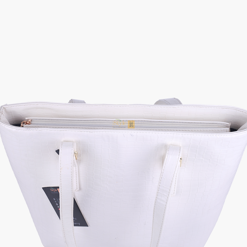 Roomy White Crocodile Leather Tote Bag