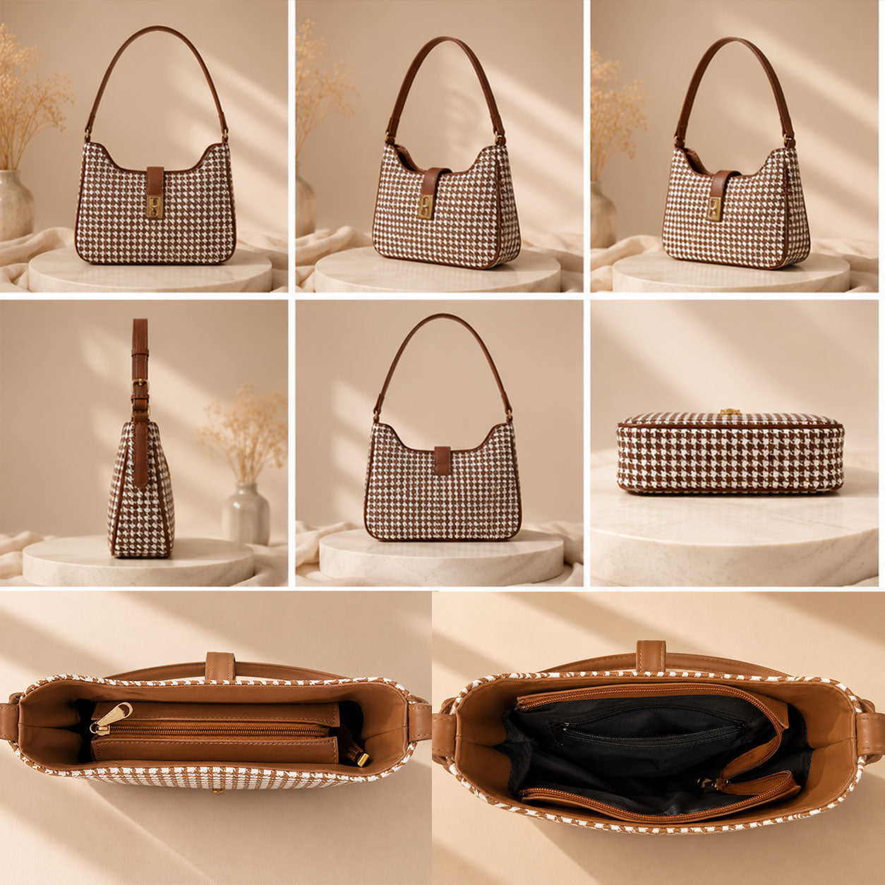 AURA Check Shoulder Bag- Mustard Brown