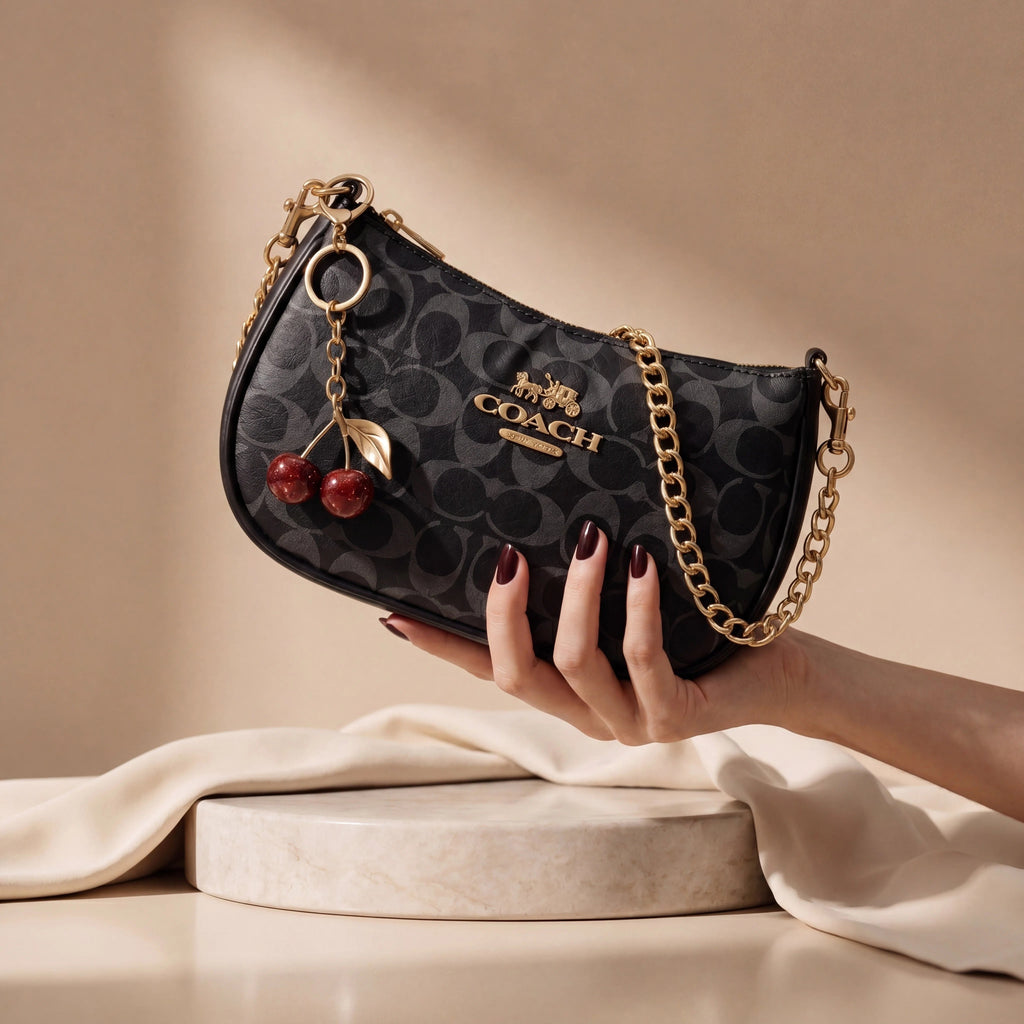Signature Black Coach Shoulder Bag with Cherry keychain