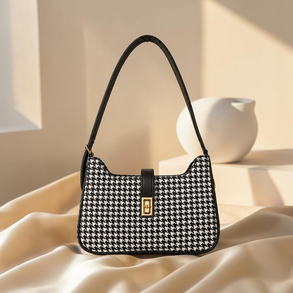 AURA Check Shoulder Bag- Black