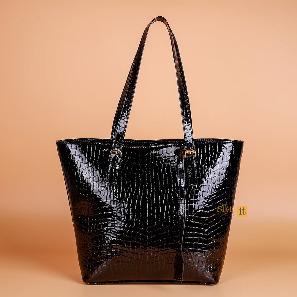 Roomy Black Crocodile Leather Tote Bag