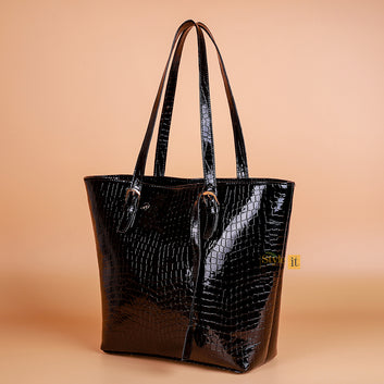 Roomy Black Crocodile Leather Tote Bag