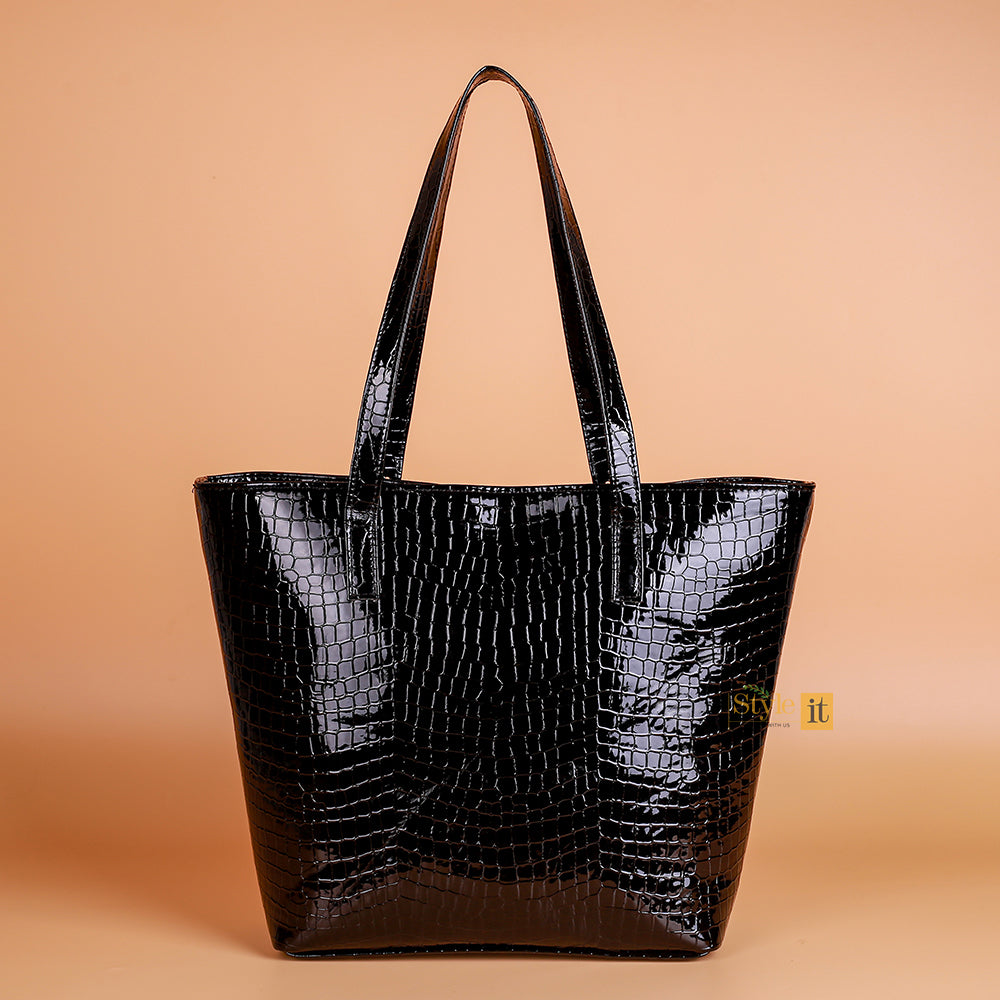 Roomy Black Crocodile Leather Tote Bag